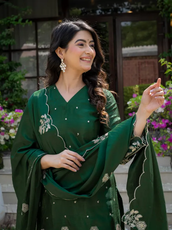 Premium_Mehendi_Green_Chinnon_Embroidered_Kurta_Pant_Dupatta_Set_For_Women