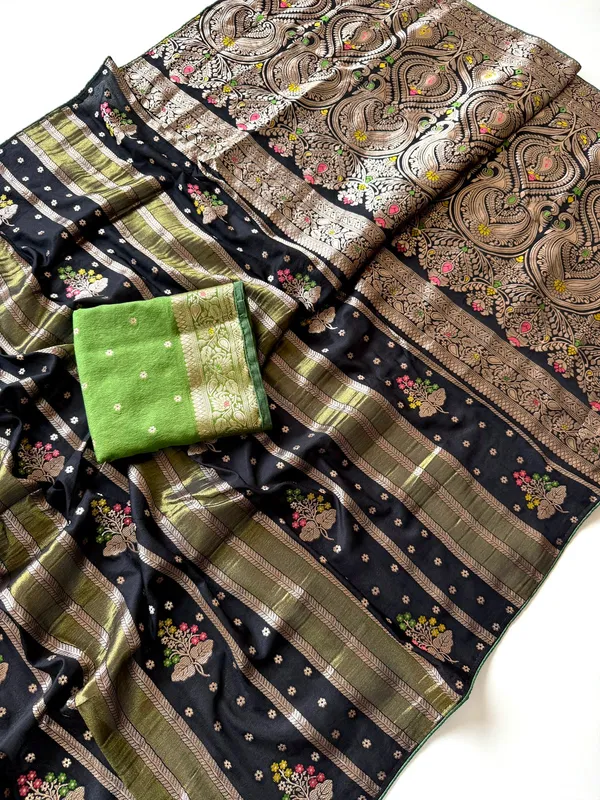 Black_Floral_Minakari_Chinya_Tissue_Viscose_Crepe_Silk_Saree_With_Rich_Pallu_Unstitched_Contrast_Blouse