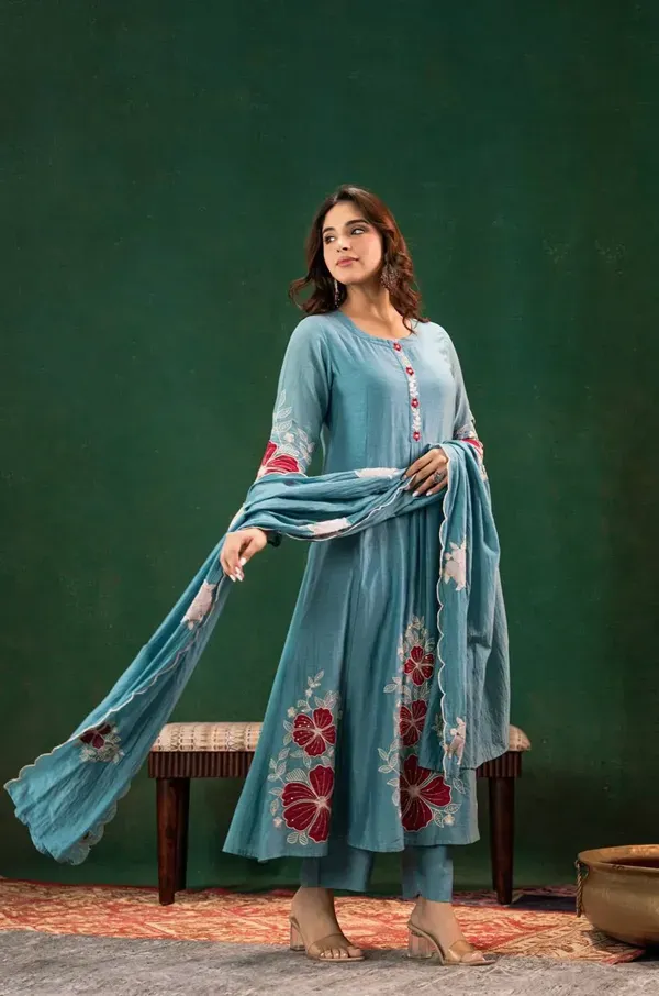 Dusty_Blue_Chanderi_Silk_Floral_Embroidered_Kurta_With_Pant_Dupatta_For_Wom_More