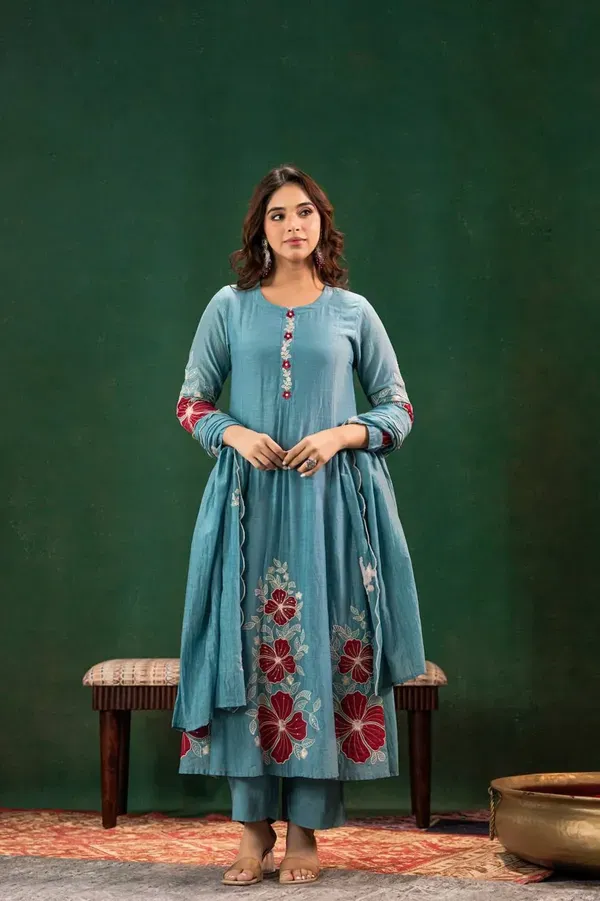 Dusty_Blue_Chanderi_Silk_Floral_Embroidered_Kurta_With_Pant_Dupatta_For_Wom_More