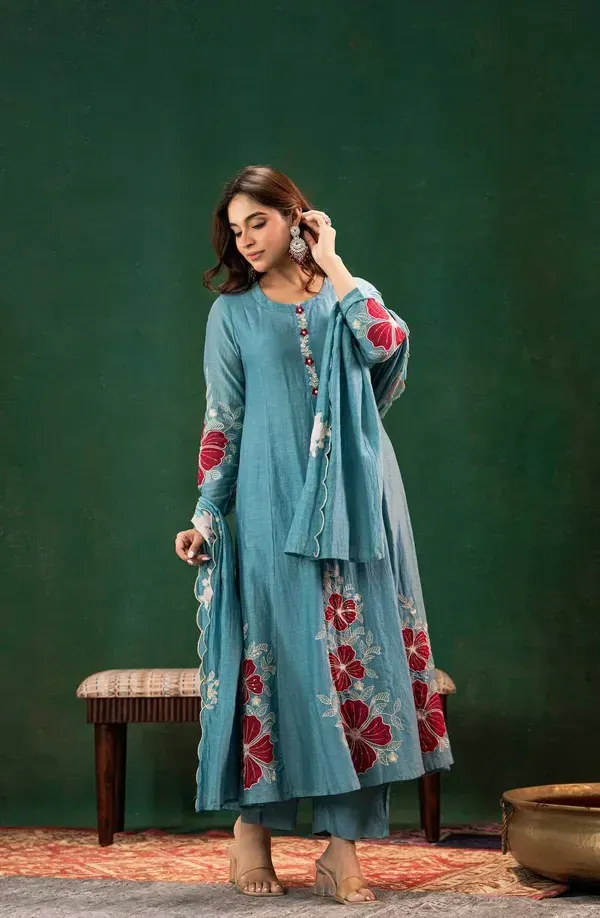 Dusty_Blue_Chanderi_Silk_Floral_Embroidered_Kurta_With_Pant_Dupatta_For_Wom_More