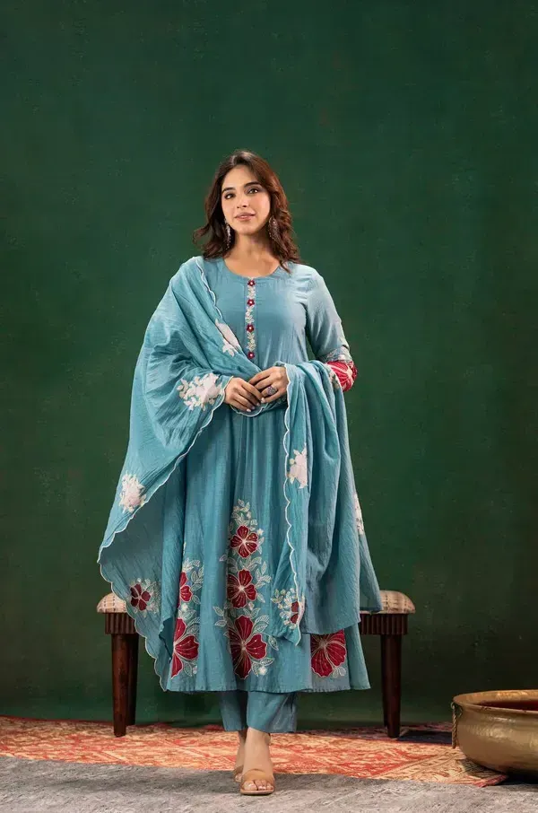Dusty_Blue_Chanderi_Silk_Floral_Embroidered_Kurta_With_Pant_Dupatta_For_Wom_More