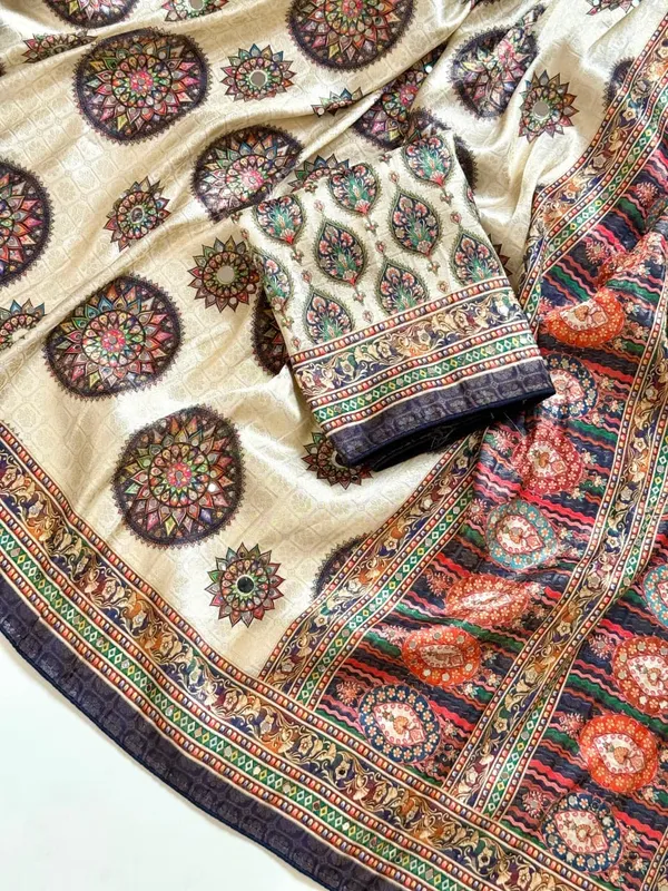 Premium_Ivory_Mandala_Print_Dola_Silk_Saree_With_Mirror_Work_Unstitched_Blouse