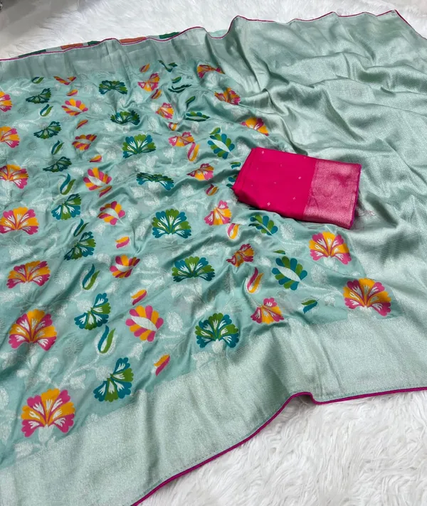 Mint_Green_Meenakari_Jaal_Khadi_Crepe_Georgette_Saree_With_Scalloped_Border_And_Unstitched_Blouse