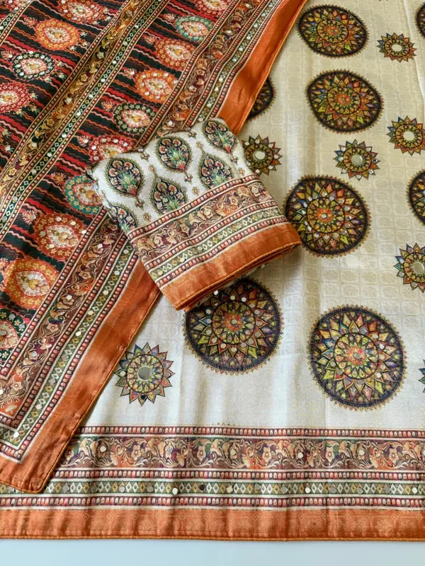 Premium_Copper_Orange_Mandala_Print_Dola_Silk_Saree_With_Mirror_Work_Unstitched_Blouse