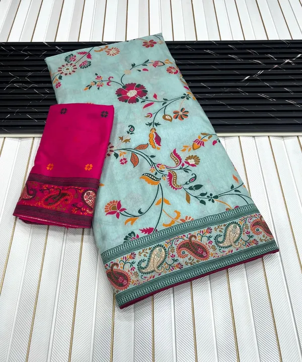 Premium_Ice_Blue_Floral_Jaal_Rajwadi_Pashmina_Silk_Saree_With_Kashmiri_Weaving_Unstitched_Contrast_Blouse