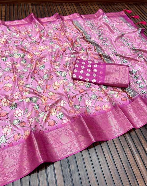 Pink_Floral_Kalamkari_Malabari_Silk_Saree_With_Jacquard_Border_And_Unstitched_Blouse