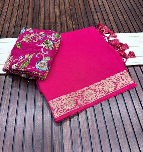 Rani_Pink_Khaddi_Crepe_Georgette_Saree_With_Zari_Jacquard_Border_And_Dual_Embroidered_Unstitched_Blouse