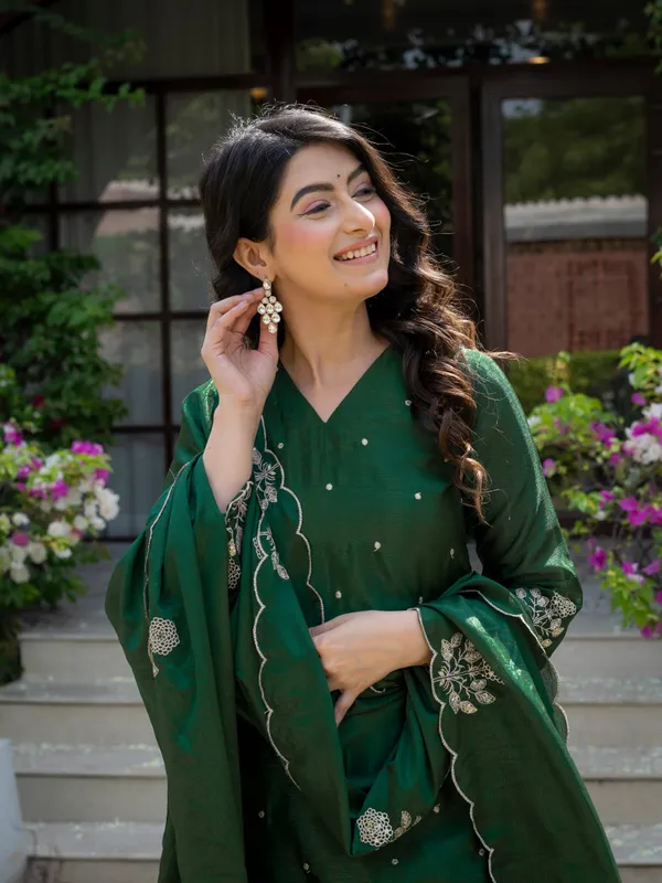 Premium_Mehendi_Green_Chinnon_Embroidered_Kurta_Pant_Dupatta_Set_For_Women