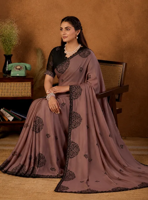 Mocha_Brown_Mandala_Art_Rangoli_Saree_With_Scallop_Border_Contrast_Unstitched_Blouse