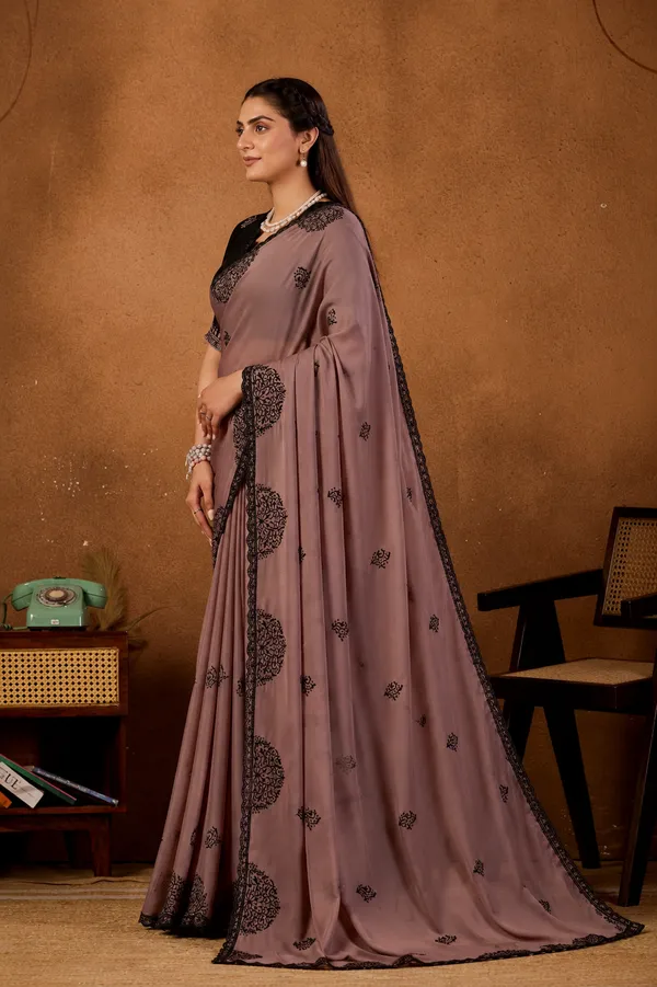 Mocha_Brown_Mandala_Art_Rangoli_Saree_With_Scallop_Border_Contrast_Unstitched_Blouse
