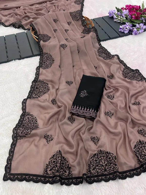 Mocha_Brown_Mandala_Art_Rangoli_Saree_With_Scallop_Border_Contrast_Unstitched_Blouse