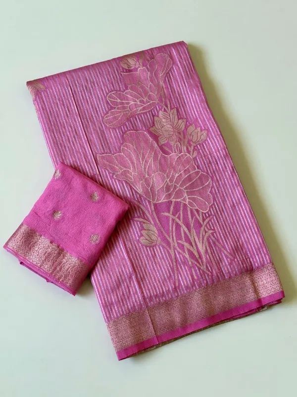 Blush_Pink_Jambo_Floral_Georgette_Saree_With_Silver_Golden_Jacquard_Weaving_Rich_Pallu_Unstitched_Blouse