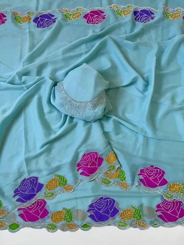 Ice_Blue_Rose_Diamond_Cutwork_Star_Georgette_Saree_With_Handcrafted_Floral_Border_Unstitched_Blouse