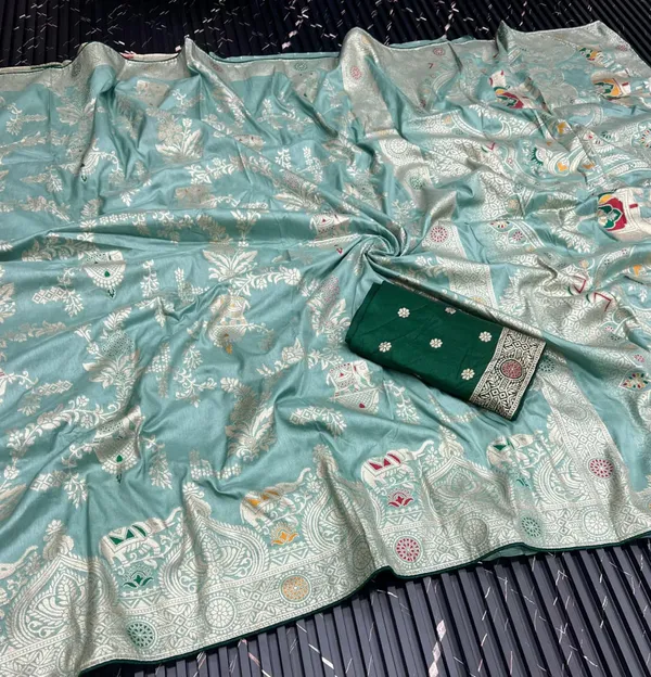 Sea_Green_Elephant_Jacquard_Banarasi_Dola_Silk_Saree_With_Rich_Pallu_And_Unstitched_Blouse