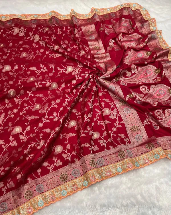Crimson_Red_Meenakari_Woven_Khaddi_Crepe_Georgette_Saree_With_Contrast_Embroidered_Unstitched_Blouse