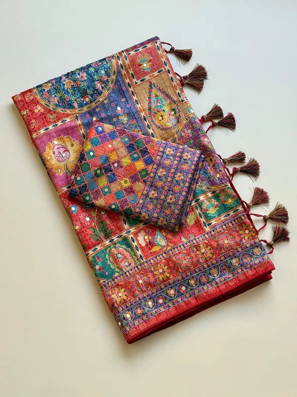 Crimson_Red_Floral_Mirror_Work_Dola_Silk_Saree_With_UHD_Digital_Print_Unstitched_Blouse