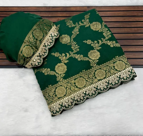 Emerald_Green_Floral_Brocade_Khadi_Crepe_Georgette_Saree_With_Sequins_Cutwork_Lace_Unstitched_Blouse