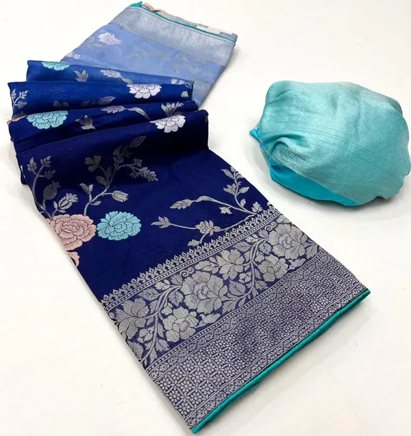 Navy_Blue_Floral_Meenakari_Kaddi_Crepe_Georgette_Saree_With_Contrast_Brocade_Blouse