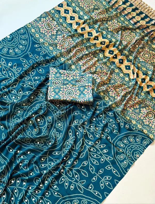 Teal_Blue_Bandhani_Mirror_Work_Crepe_Silk_Saree_With_Designer_Cutwork_Pallu_Unstitched_Blouse