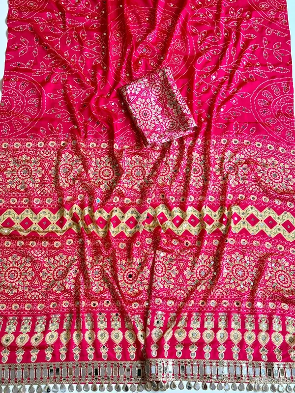 Rani_Pink_Bandhani_Mirror_Work_Crepe_Silk_Saree_With_Designer_Cutwork_Pallu_Unstitched_Blouse