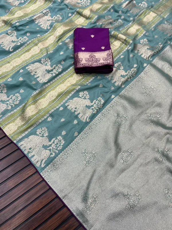 Sea_Green_Twin_Elephant_Zari_Weave_Chinya_Tisu_Silk_Saree_With_Royal_Purple_Unstitched_Blouse