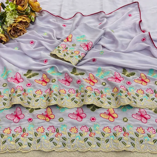 Lavender_Butterfly_Floral_Embroidered_Rangoli_Saree_With_Heavy_Panel_Work_Unstitched_Blouse