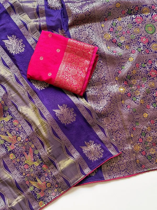 Royal_Purple_Meenakari_Bird_Motif_Chinya_Tissue_Shimmer_Crepe_Georgette_Saree_With_Rich_Pallu_Unstitched_Blouse