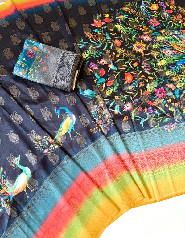 Navy_Blue_Peacock_Print_Dola_Silk_Saree_With_Jacquard_Weaving_Border_And_Contrast_Unstitched_Blouse