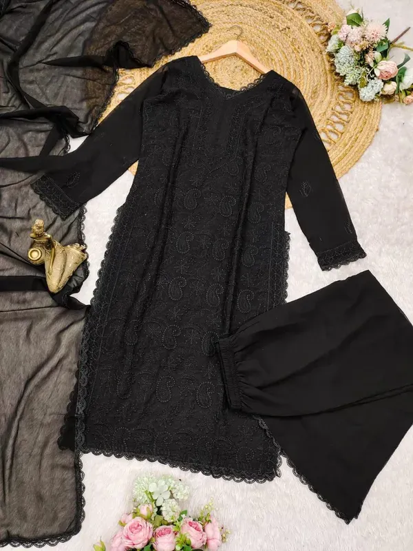 Black_Georgette_Chikankari_Embroidery_Kurta_With_Pant_Dupatta_For_Women