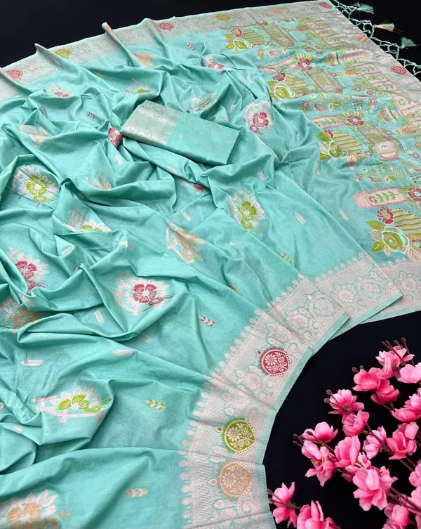 Sea_Green_Meenakari_Butta_Khadi_Crepe_Silk_Georgette_Saree_With_Rich_Pallu_And_Unstitched_Blouse