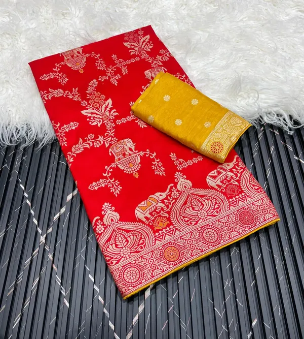 Red_Elephant_Jacquard_Banarasi_Dola_Silk_Saree_With_Rich_Pallu_And_Unstitched_Blouse