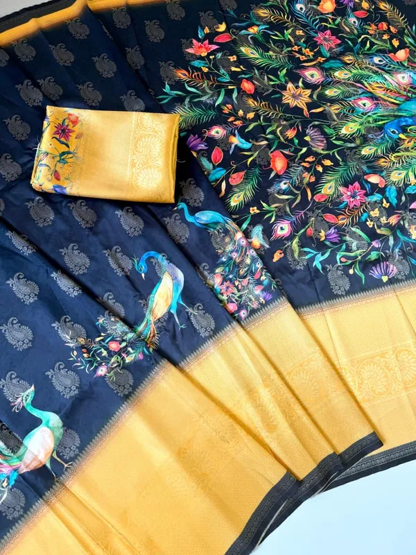 Mustard_Peacock_Digital_Print_Dola_Silk_Saree_With_Jacquard_Mango_Butti_Border_And_Unstitched_Blouse