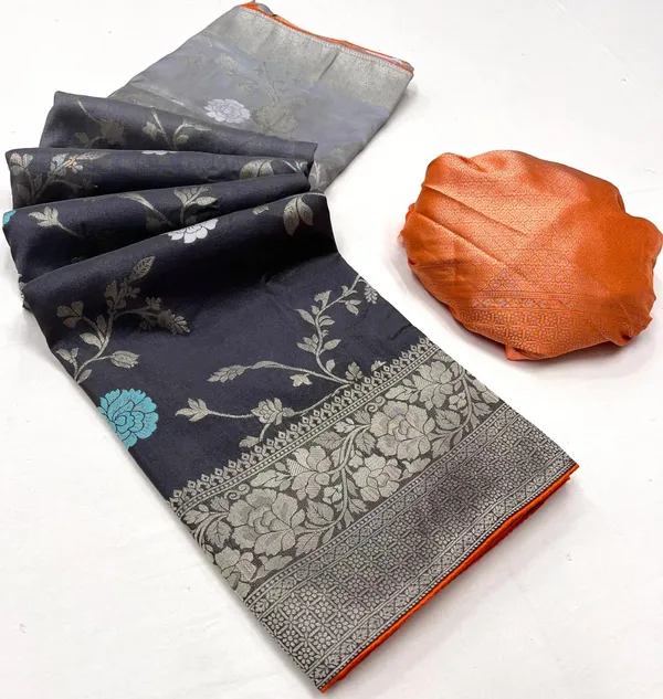 Charcoal_Grey_Floral_Meenakari_Kaddi_Crepe_Georgette_Saree_With_Contrast_Brocade_Blouse