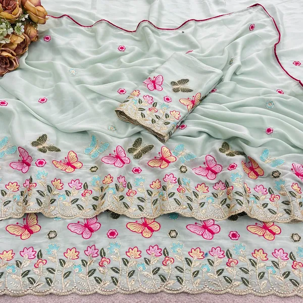 Mint_Green_Butterfly_Floral_Embroidered_Rangoli_Saree_With_Heavy_Panel_Work_Unstitched_Blouse