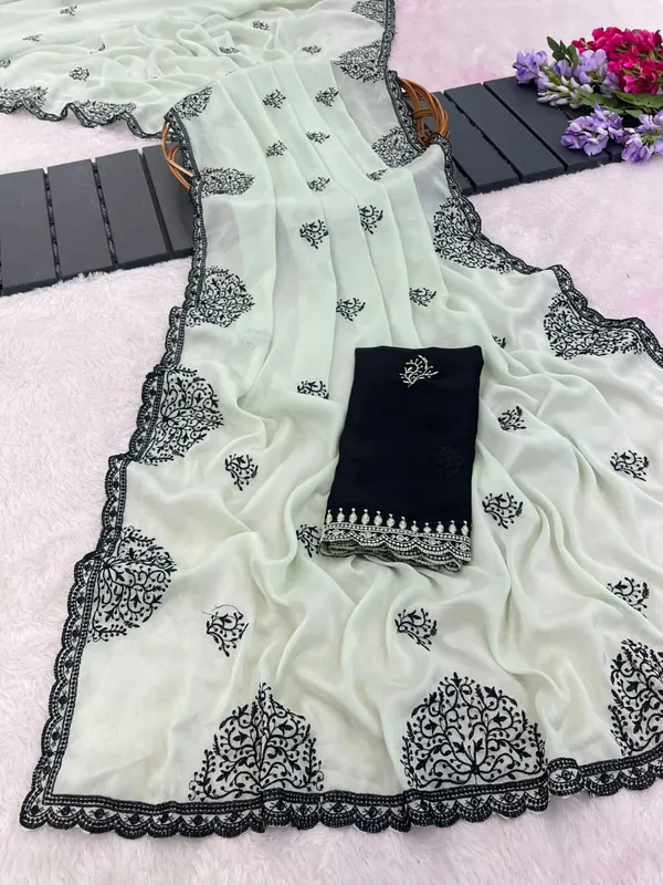 Mint_Green_Mandala_Art_Rangoli_Saree_With_Scallop_Border_Contrast_Unstitched_Blouse