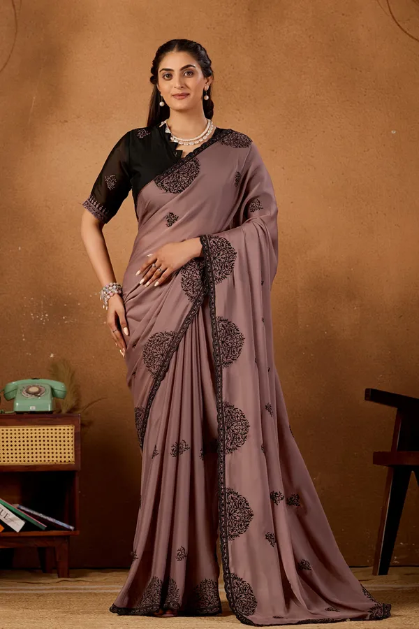 Mocha_Brown_Mandala_Art_Rangoli_Saree_With_Scallop_Border_Contrast_Unstitched_Blouse