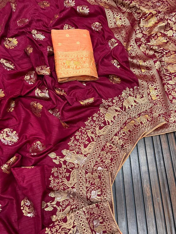 Wine_Kalamkari_Heritage_Dola_Silk_Saree_With_Contrast_Peach_Blouse_And_Unstitched_Blouse