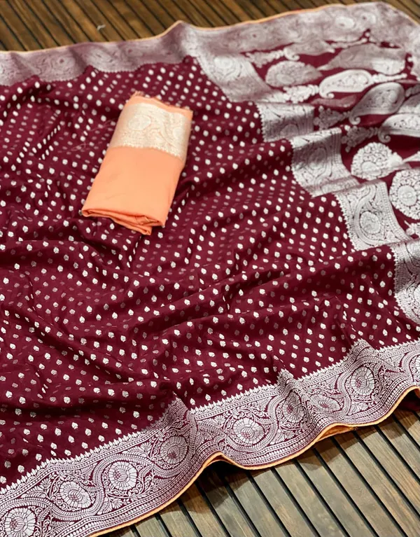 Wine_Silver_Zari_Jacquard_Khaddi_Crepe_Georgette_Saree_Rich_Pallu_With_Unstitched_Blouse