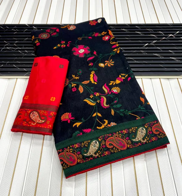 Premium_Black_Floral_Jaal_Rajwadi_Pashmina_Silk_Saree_With_Kashmiri_Weaving_Unstitched_Contrast_Blouse