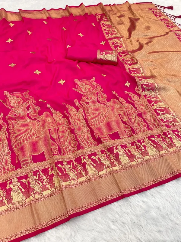 Rani_Pink_Kalamkari_Figure_Khaddi_Crepe_Georgette_Saree_With_Rich_Jacquard_Pallu_Unstitched_Blouse