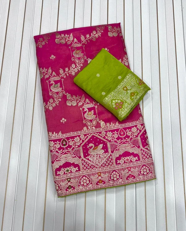 Rani_Pink_Swan_Motif_Tisu_Shimmer_Viscose_Silk_Saree_With_Rich_Pallu_Unstitched_Blouse