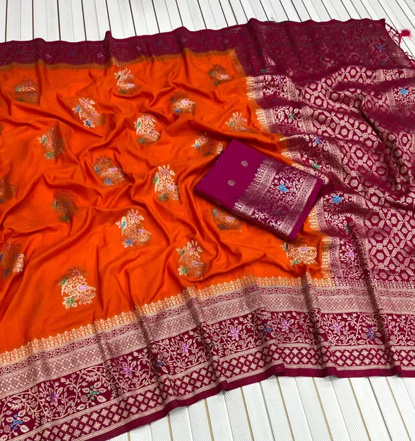 Sunset_Orange_Floral_Meena_Khadi_Crepe_Georgette_Saree_With_Antique_Zari_Rich_Pallu_And_Unstitched_Blouse