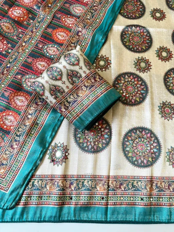 Premium_Teal_Green_Mandala_Print_Dola_Silk_Saree_With_Mirror_Work_Unstitched_Blouse