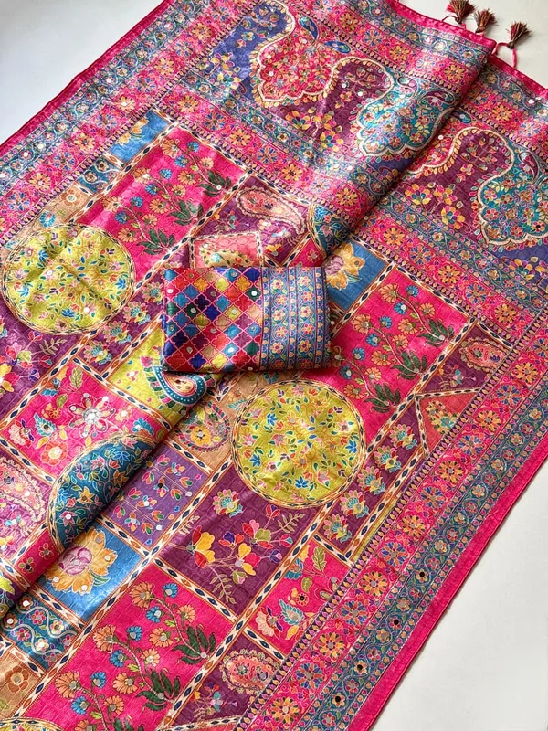 Rani_Pink_Floral_Mirror_Work_Dola_Silk_Saree_With_UHD_Digital_Print_Unstitched_Blouse