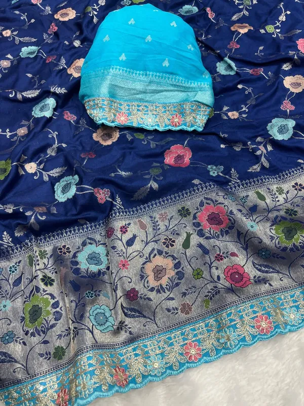 Royal_Blue_Floral_Khaddi_Crepe_Georgette_Saree_With_Paithani_Pallu_Embroidered_Lace_Unstitched_Blouse