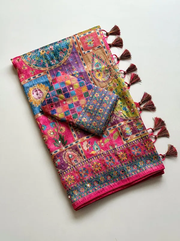 Rani_Pink_Floral_Mirror_Work_Dola_Silk_Saree_With_UHD_Digital_Print_Unstitched_Blouse