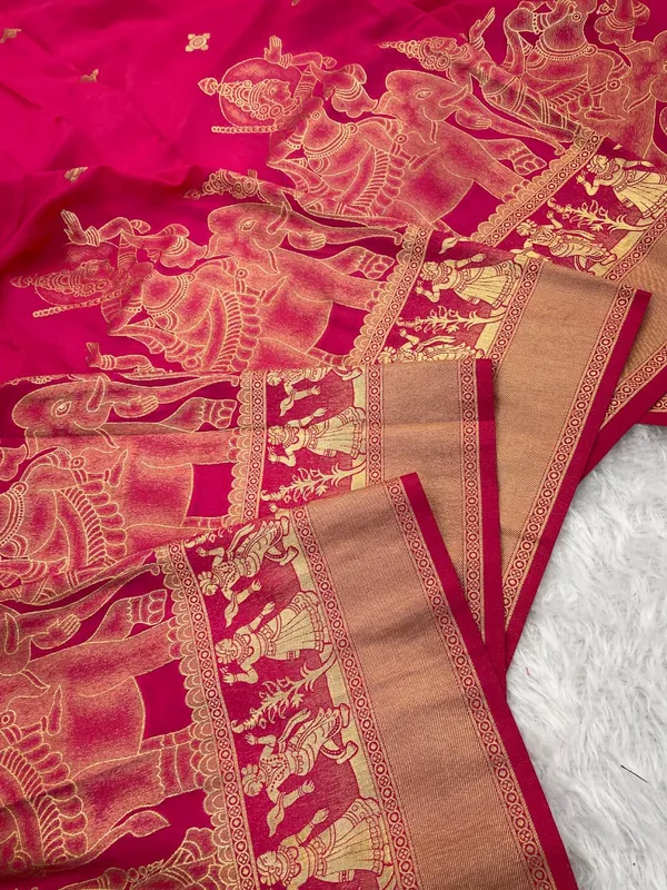 Rani_Pink_Kalamkari_Figure_Khaddi_Crepe_Georgette_Saree_With_Rich_Jacquard_Pallu_Unstitched_Blouse