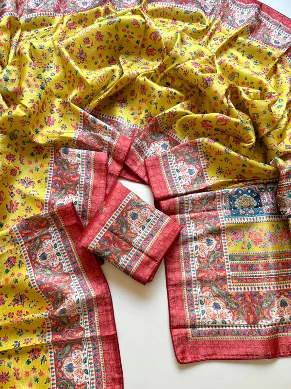 Lemon_Yellow_Floral_Dola_Silk_Saree_With_Jacquard_Paisley_Border_And_Unstitched_Blouse