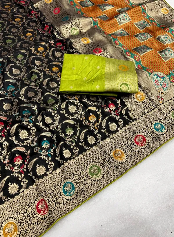 Black_Lakhnavi_Meena_Dola_Silk_Saree_With_Jacquard_Jaal_Rich_Pallu_And_Unstitched_Blouse